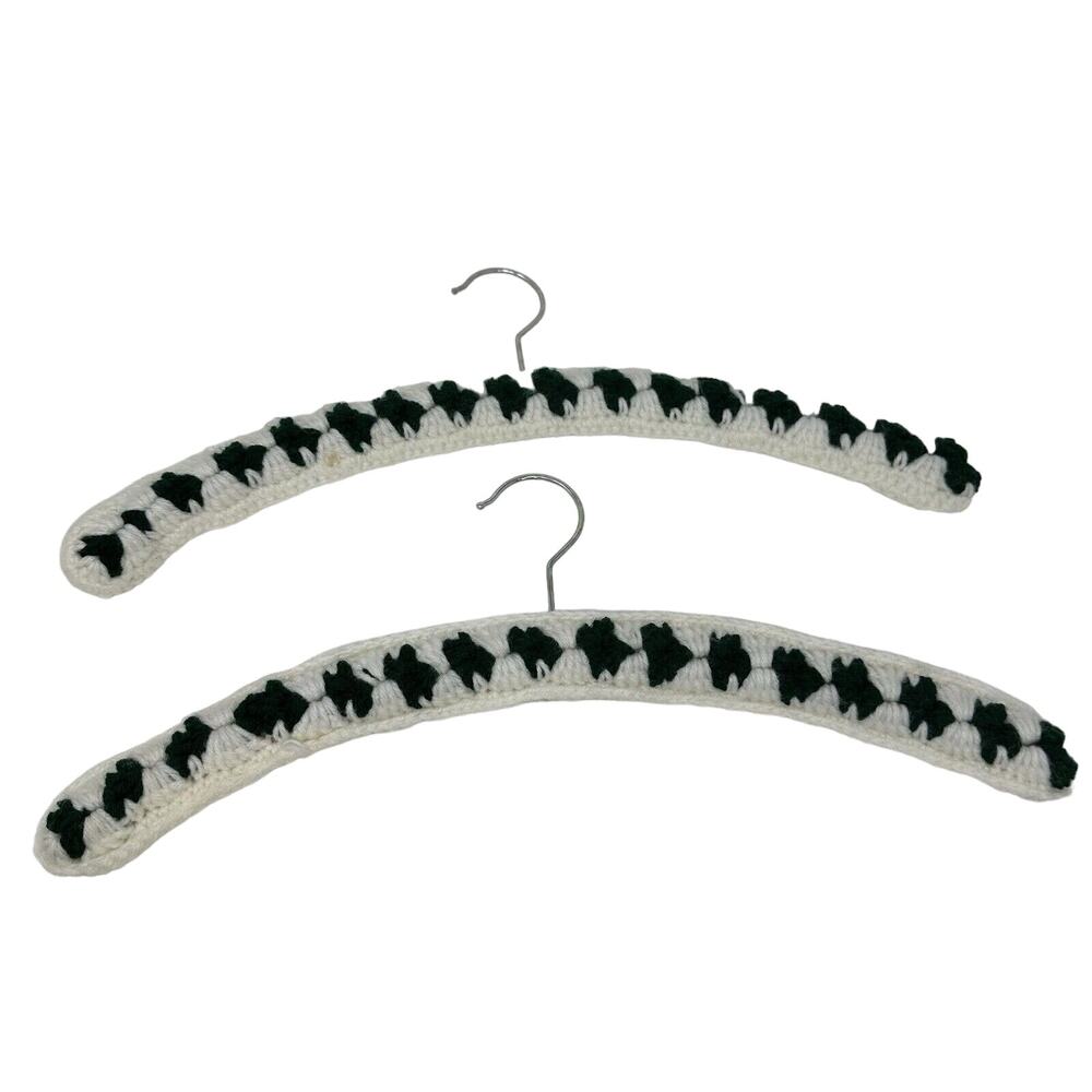 2 Vintage Handmade Crochet Clothes Hangers Yarn Covered Cottage Core Green White